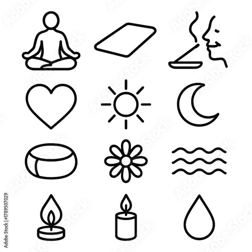 Yoga Icon Collection. Mindful yoga practice linear icon set: meditation seat, yoga mat, incense stick, breathing symbol, heart, sun, moon, calm wave, cushion, flower, candle,