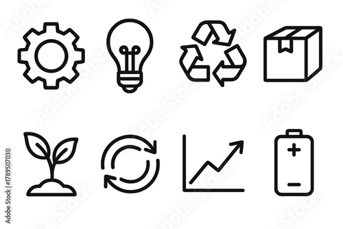 Eco Innovation Icons. Eco Innovation Cycle linear icon set: gear, light bulb, recycling sign, packaging box, plant, arrow loop, graph, battery.