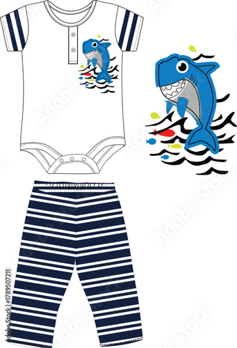 boys bodysuit with shark print print vector art