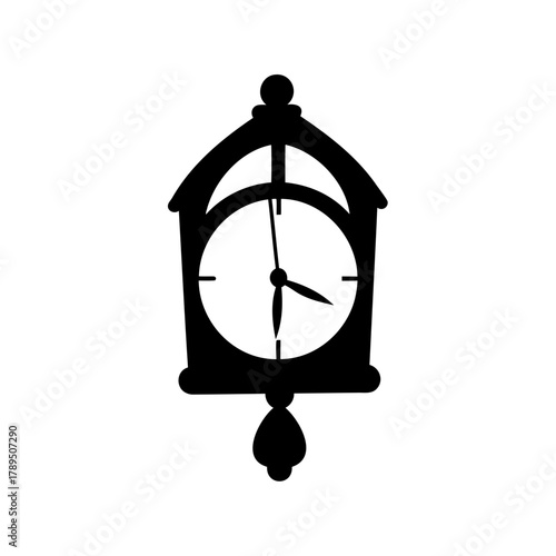 Silhouette of a charming antique cuckoo clock with pendulum and time hands