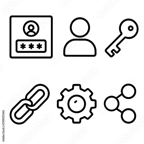 Login Screen Icons. User Access linear icon set: login screen, profile avatar, password key, two-factor icon, share link, settings gear.