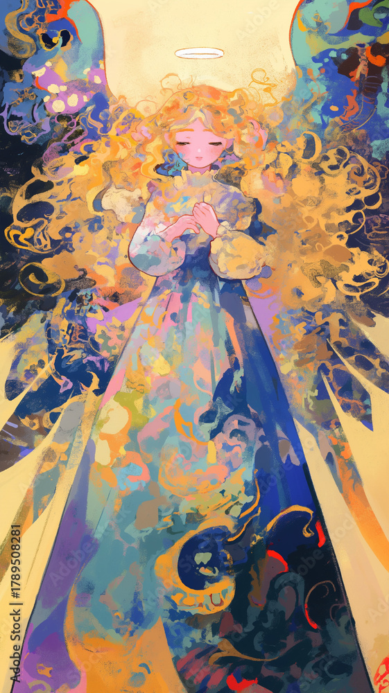 Obraz premium 心を癒すような穏やかな微笑みと、柔らかな色彩で描かれた神聖な天使の幻想イラスト｜空想と祈りをテーマにした手描き風の美しい構図