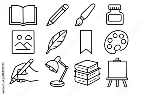 Artistic Tools Icons. Book Illustration linear icon set: open book, pencil, paintbrush, ink bottle, page sketch, feather pen, bookmark, color palette, drawing hand, lamp, stack of