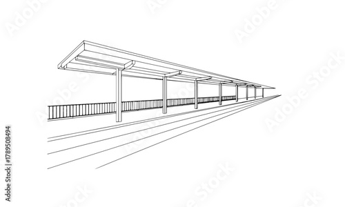 Minimalist wireframe line drawing of a long empty train or subway station platform with a covered roof, perspective view architectural vector illustration, isolated on white.