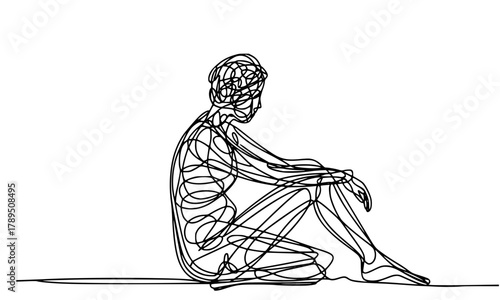 Abstract continuous wireframe line drawing of a person sitting alone with knees bent, minimalist artistic figure illustration, concept for solitude, meditation, or depression.