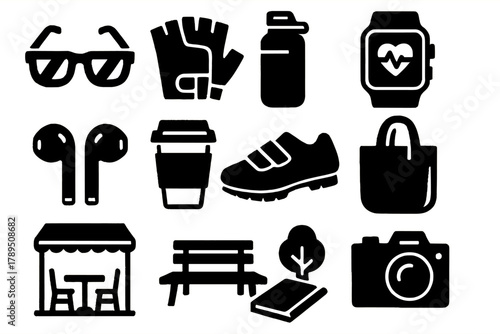Brutalist Cyclist Icons. Cyclist lifestyle silhouette icon set: sunglasses, gloves, reusable bottle, smartwatch, earbuds, coffee cup, cycling shoes, tote bag, street café, park