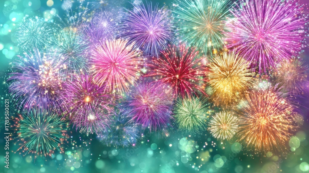 Fototapeta premium Vibrant New Year Celebration 2029 With Colorful Fireworks Bursting Over Emerald Green Night Sky