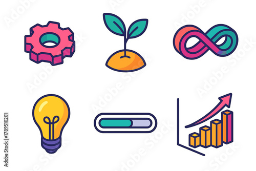 Isometric Innovation Icons. Continuous Improvement modern flat icons set: gear, plant growth, infinity loop, idea bulb, progress bar, chart.