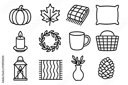 Autumn Essentials Icons. Autumn styling linear icon set: pumpkin, leaf, plaid blanket, pillow, candle, wreath, mug, basket, lantern, rug, vase, pinecone.