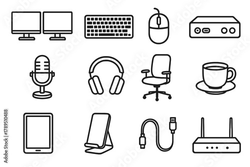 Tech Workspace Icons. Tech workspace linear icon set: dual monitors, keyboard, mouse, docking station, microphone, headphones, chair, coffee cup, tablet, phone stand, cable, router