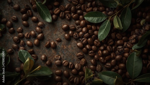 Roasted coffee beans scattered across a textured, brown surface with surrounding sprigs of green foliage, creating a natural and inviting still life, displaying a rich, warm color palette.