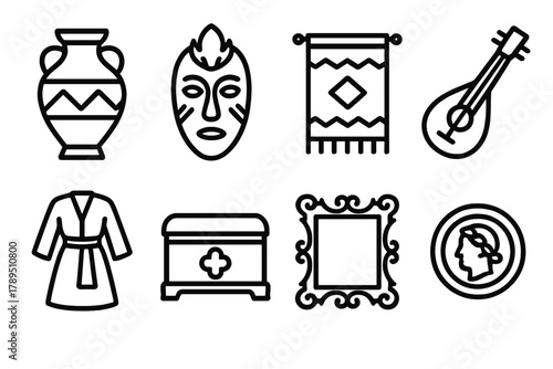 Cultural Heritage Icons. Cultural Heritage linear icon set: pottery, mask, tapestry, musical instrument, traditional costume, artifact box, painting frame, coin.