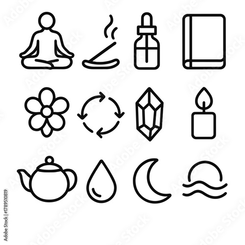 Wellness Icons Collection. Wellness rituals linear icon set: meditation seat, incense stick, essential oil bottle, journal, flower, breath circle, crystal, candle flame, teapot,