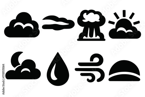Brutalist Cloud Icons. Cloud Formations silhouette icon set: cumulus puff, cirrostratus, cumulonimbus, sunrise light, moonlight haze, droplet, wind gust, horizon curve.