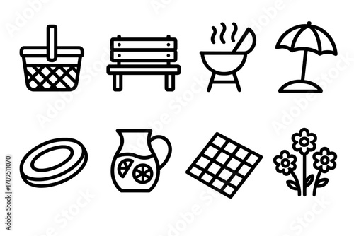 Outdoor Picnic Icons. Outdoor Social Events linear icon set: picnic basket, park bench, barbecue grill, sun umbrella, frisbee, lemonade pitcher, picnic blanket, flowers.