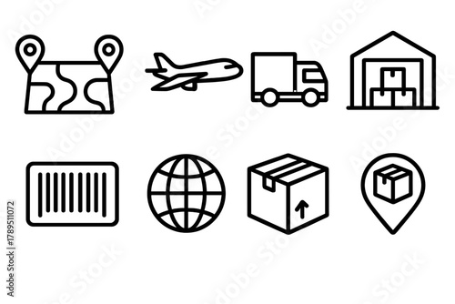 Global Logistics Icons. Global Logistics linear icon set: shipping route map, airplane, truck, warehouse, barcode label, globe icon, package box, delivery pin.