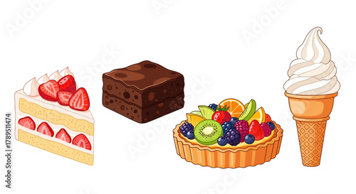 Desserts: strawberry cake slice, brownie, fruit tart, and soft serve ice cream cone.