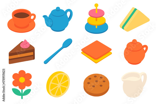 Isometric Tea Set Icons. Afternoon tea modern flat icons set: cup, teapot, tiered tray, sandwich, cake, spoon, napkin, sugar bowl, milk jug, flower, lemon slice, cookie.
