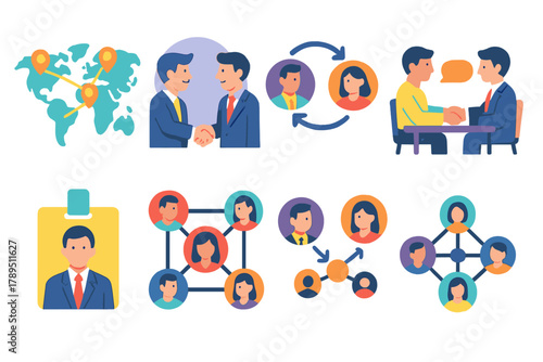 Modern Business Networking Icons. Business Networking flat icons: global link map, partnership icon, contact exchange, business meeting, networking event, profile badge, connection