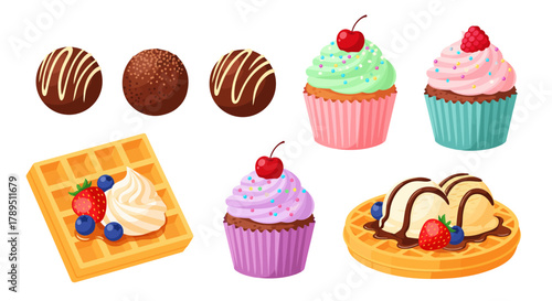 A collection of illustrated sweet desserts including cupcakes, Belgian waffles with toppings, and chocolate truffles.