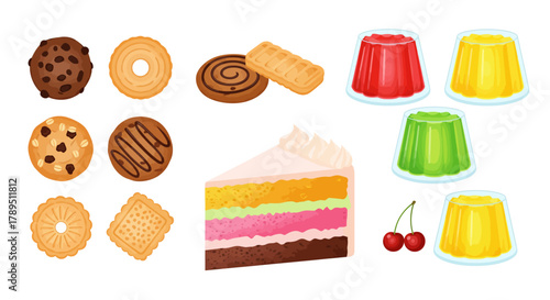 A vibrant collection of assorted desserts including cookies, a layered cake slice, and colorful jellies.