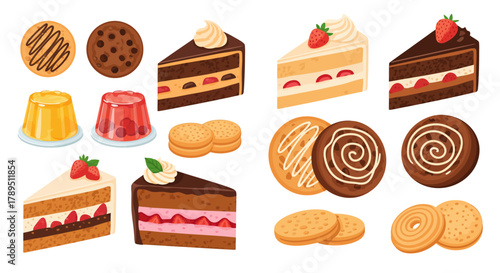 A vibrant collection of delicious desserts including cakes, cookies, and jellies, artfully arranged for a delightful visual feast.