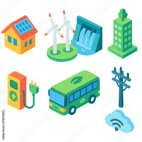 Renewable Energy Icons. Renewable Cityscape modern flat icons set: solar rooftops, wind farm, hydro dam, green skyscraper, charging station, eco bus, electric pole, cloud sensor.