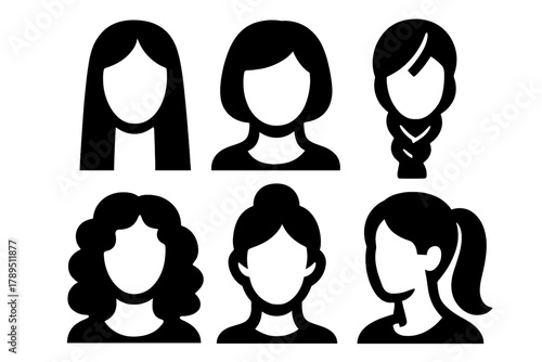 Bold Hair Icons. Hair Types silhouette icon set: long hair, short hair, braid, bun, curls, ponytail.