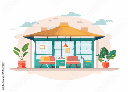 Charming outdoor patio area for relaxing conversations and peaceful moments, featuring comfortable seating and lush green plants in a stylish setting