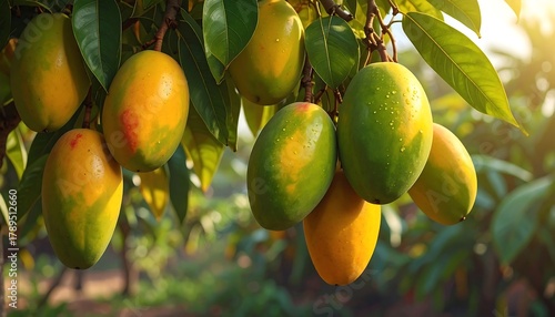 Fototapeta Naklejka Na Ścianę i Meble -  Close-up of ripe, elongated fruits hanging from a tree branch, bathed in warm sunlight. The foliage is lush and green