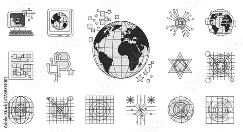 A collection of black and white line art icons depicting global networks, digital data, cryptocurrency, and abstract technology concepts.