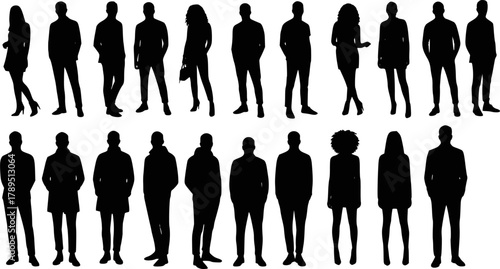 Silhouettes of young people posing in casual clothes. Vector silhouettes men and women, illustration. EPS version.