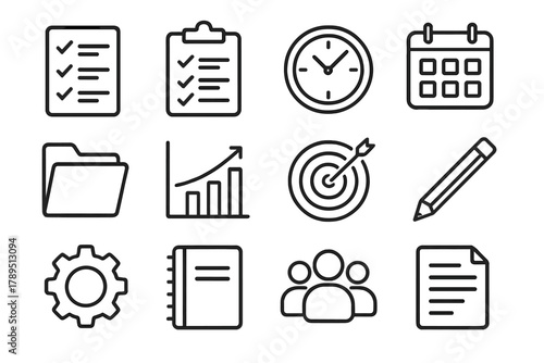 Productivity Icon Set. Efficient Execution linear icon set: checklist, clipboard, clock, calendar, folder, chart, target, pencil, gear, notebook, team, document.