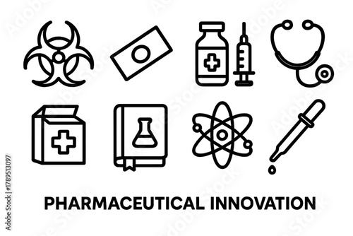 Pharmaceutical Icon Array. Pharmaceutical Innovation linear icon set: biohazard symbol, microscope slide, injection vial, stethoscope, medicine box, research notebook, atomic