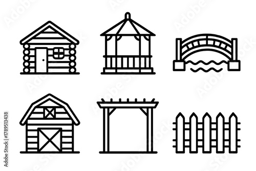 Architectural Icons Collection. Crafted Architecture linear icon set: cabin, gazebo, bridge, barn, pergola, fence.