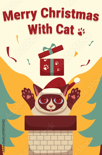 Siamese cat with Santa hat popping out of a chimney with a gift and festive confetti, Christmas poster vector design 