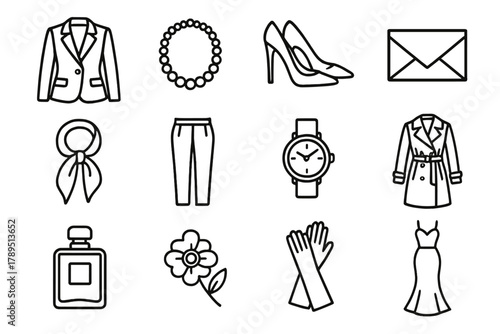 Timeless Fashion Icons. Classic elegance linear icon set: blazer, pearl necklace, high heels, clutch bag, silk scarf, tailored pants, gold watch, trench coat, perfume bottle,