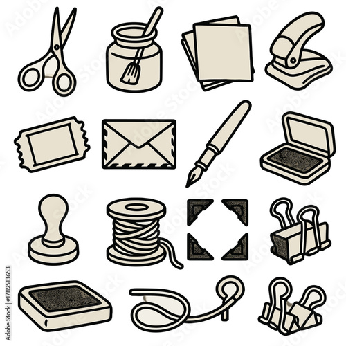 Vintage Craft Supplies. Vintage scrapbook essentials linear icon set: brass scissors, glue pot with brush, kraft paper stack, metal corner punch, ticket stub, airmail envelope,