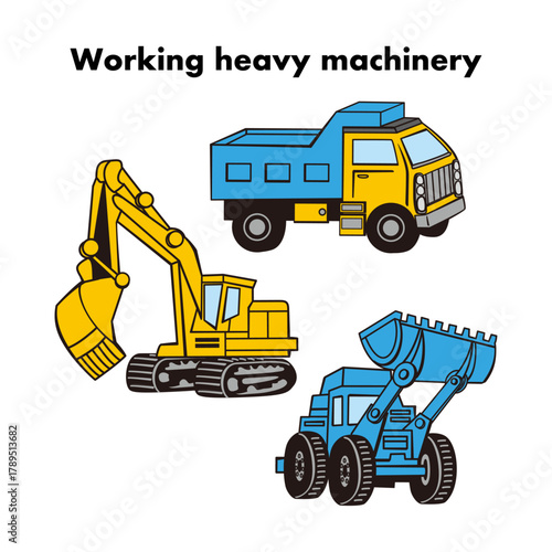 工事現場で働くショベルカー・ダンプカー・ブルドーザーの重機イラストセット