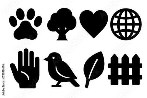 Wildlife Icon Set. Wildlife Welfare Collection silhouette icon set: paw print, tree, heart, globe, hand, bird, leaf, fence.