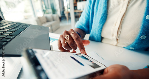Phone screen, hands and woman in office with scrolling for reading blog post on mobile app. Cellphone, technology and closeup of female employee on website for online news headline in workplace.
