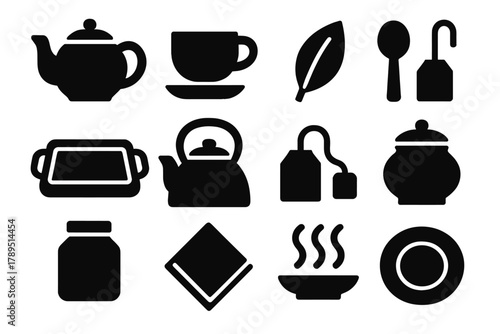 Bold Tea Icons. Tea traditions silhouette icon set: teapot, tea cup, leaf, spoon, tray, kettle, tea bag, sugar bowl, jar, napkin, steam, saucer.