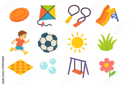 Playful Outdoor Icons. Outdoor Playfulness modern flat icons set: frisbee, kite, skipping rope, playground slide, running child, soccer ball, sunshine, grass, picnic blanket,