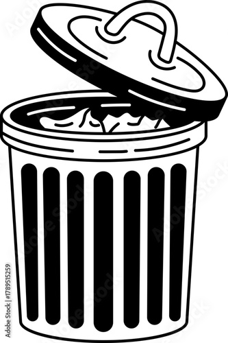 Solid line icon of open trash can with paper waste inside, related to garbage disposal