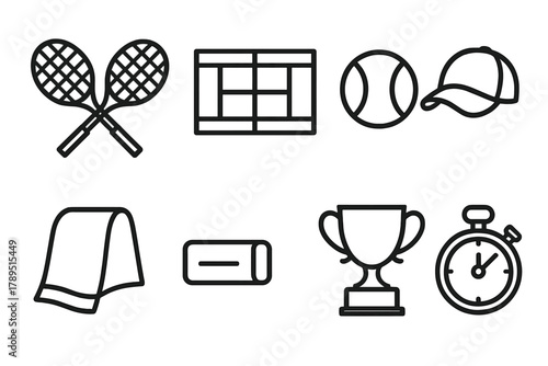 Tennis Icon Set. Tennis Matches linear icon set: crossed rackets, court lines, tennis ball, cap, towel, wristband, trophy, timer.