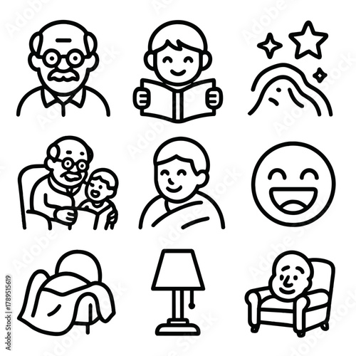 Storytime Icons in Black. Storytelling Moments linear icon set: grandfather figure, child, storybook, blanket, stars, lamp, chair, laughter face.