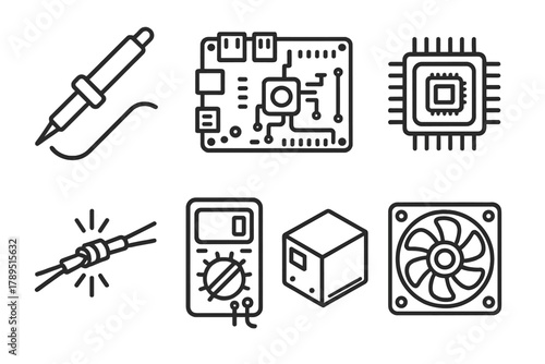 Tech Enthusiast Icons. Hardware Tinkerers linear icon set: soldering iron, single-board computer, PCB layout, exposed chip, cable splice, multimeter, modular casing, cooling fan.