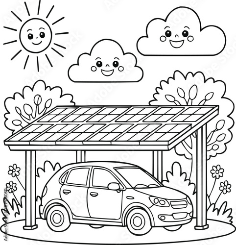 Cheerful Solar Carport Children’s Coloring Book Outline Illustration