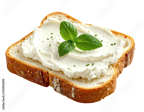 Bread slice with creamy spread, topped with basil