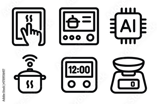 Smart Kitchen Technology Icons. Cooking Technology linear icon set: touchscreen, control panel, AI chip, sensor, digital timer, smart scale.